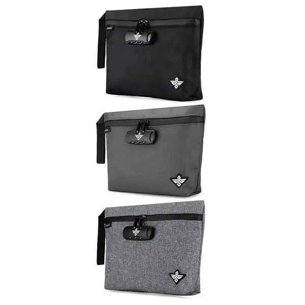 The Erozul Orion Smell Proof Bag With Combination Lock 11 by Erozul comes in black, dark gray, and light gray. Each water-resistant pouch features a wrist strap, anti-theft lock, and a triangular logo in the bottom left corner.